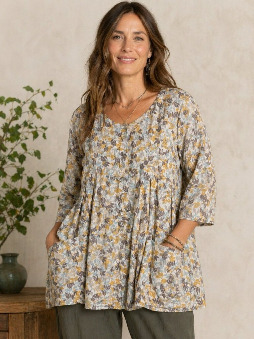 Gudrun Sjoden L Floral Tunic Top Cotton Leaves Print Pockets Boho Sweden